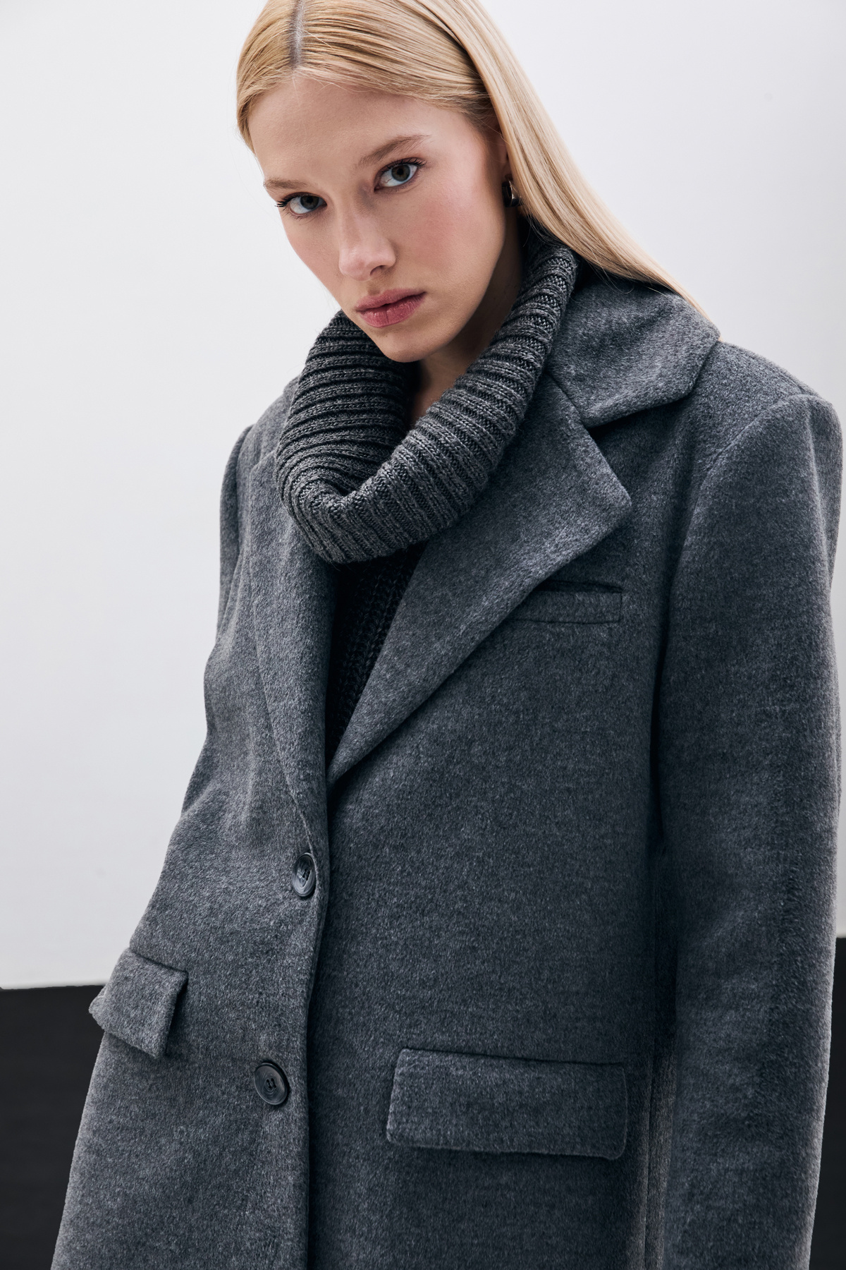 Düğmeli Kaşe Ceket - Siyah