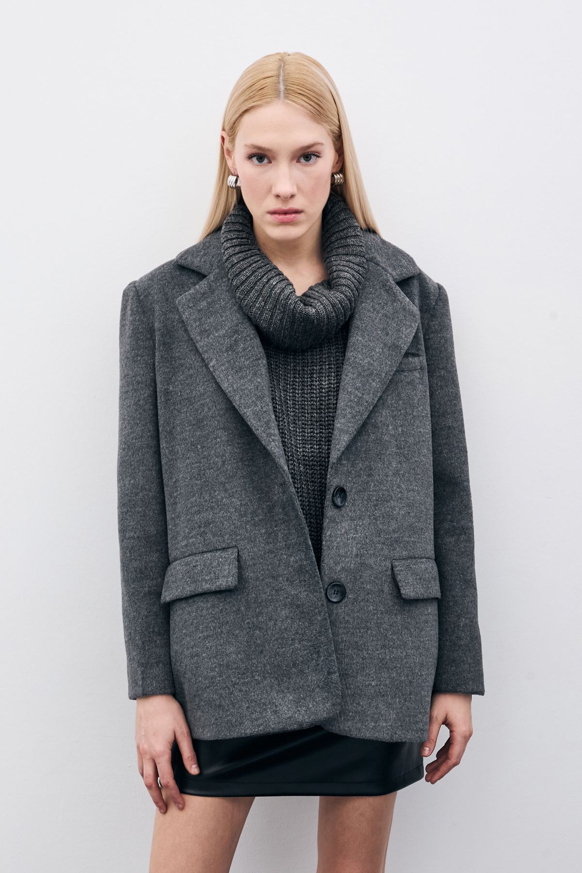 Düğmeli Kaşe Ceket - Siyah