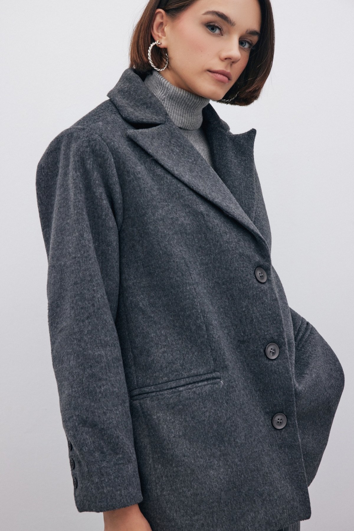 Düğmeli Kaşe Kaban - SİYAH