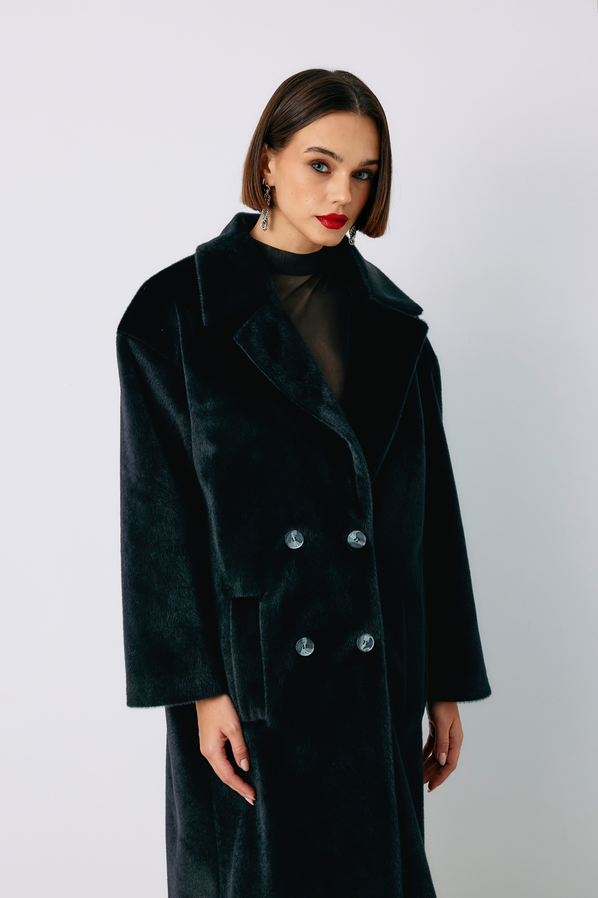 Düğmeli Kaşe Kaban - SİYAH