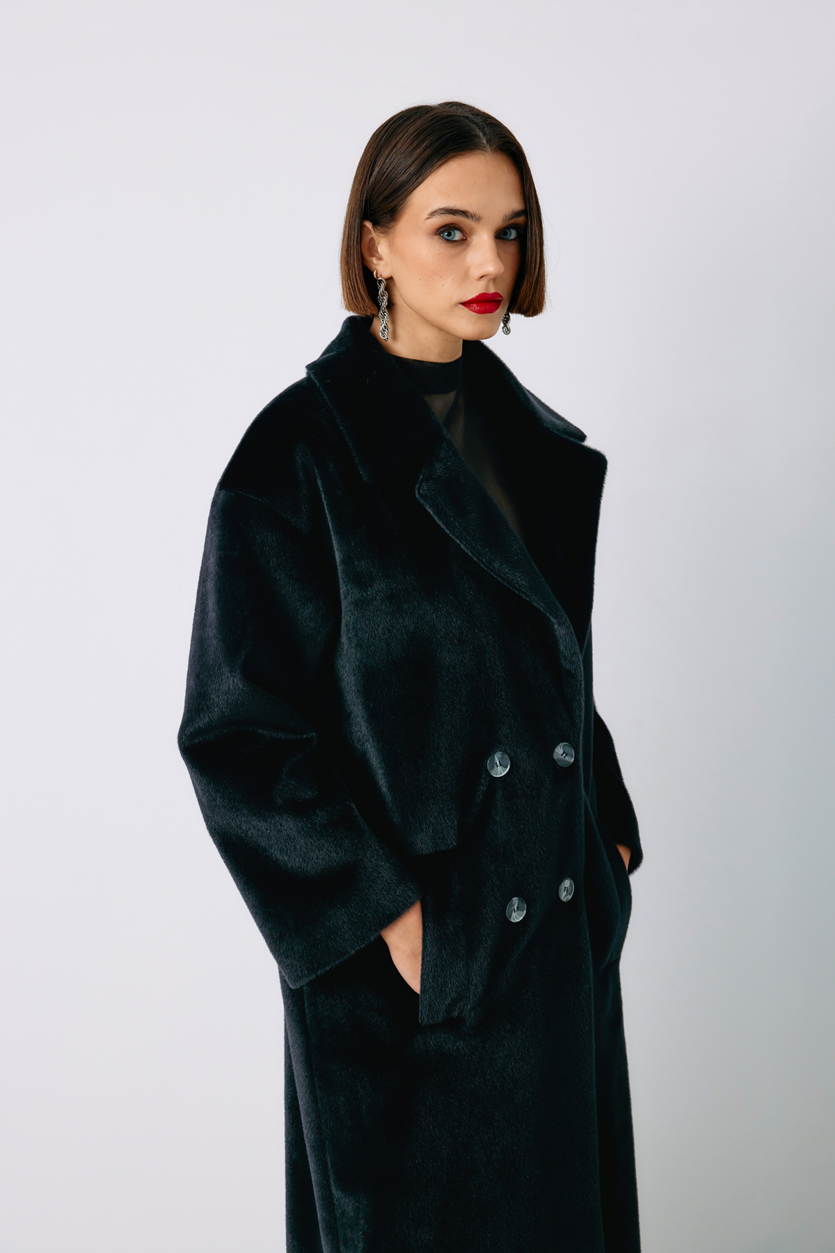 Düğmeli Kaşe Kaban - SİYAH