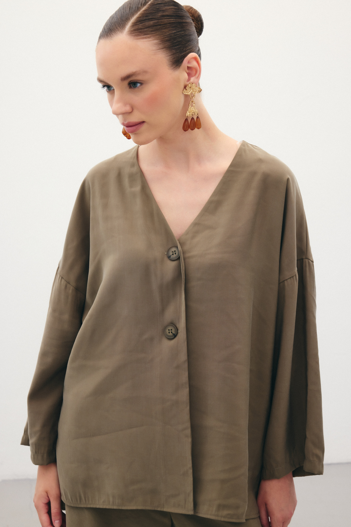 Düğmeli Kimono - Haki