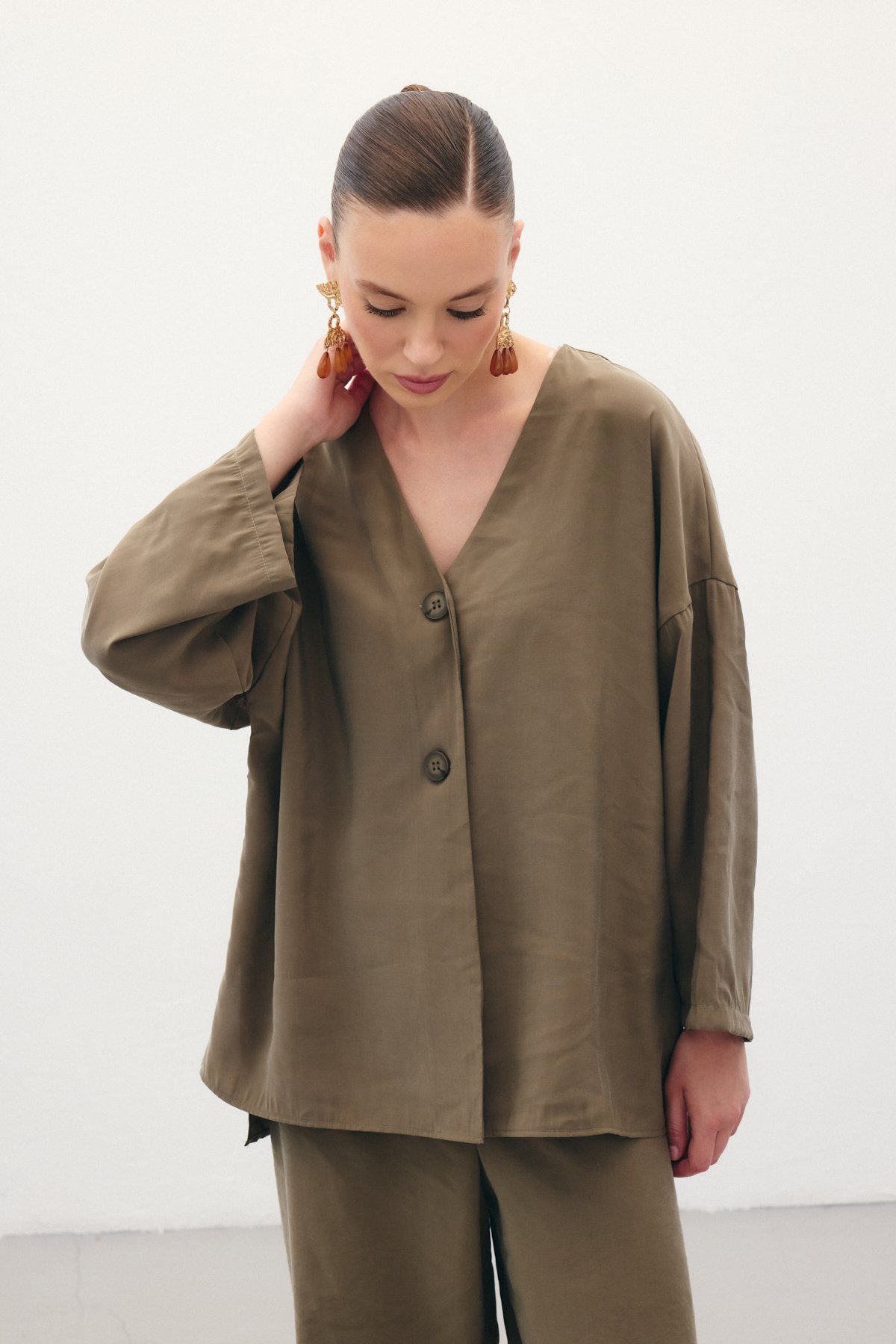 Düğmeli Kimono - Haki