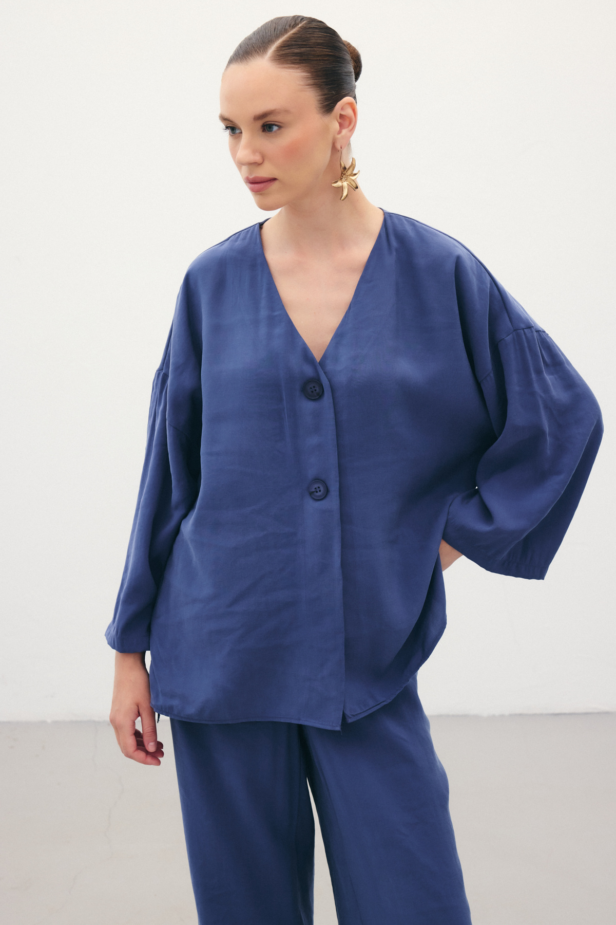 Düğmeli Kimono - İndigo