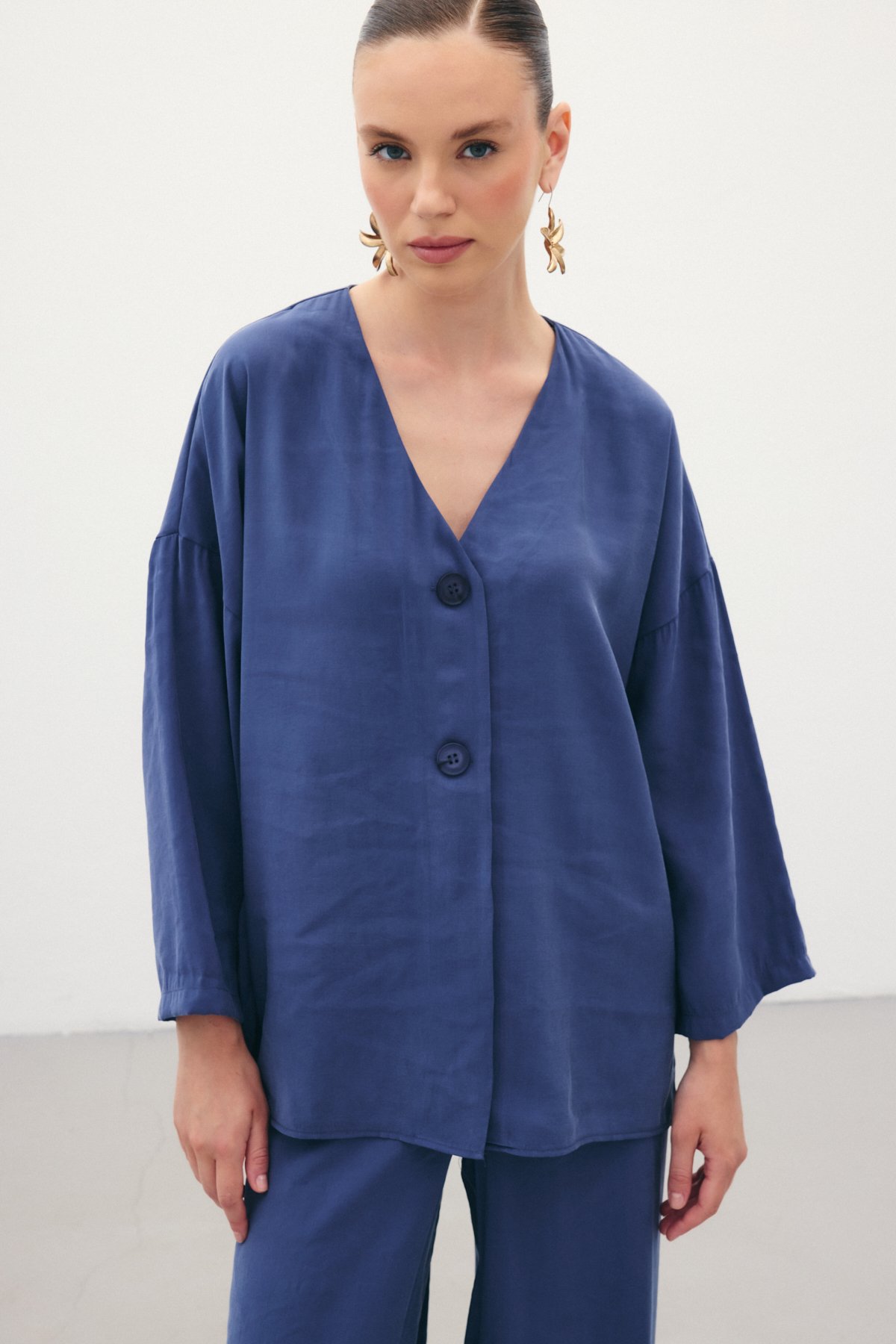 Düğmeli Kimono - İndigo