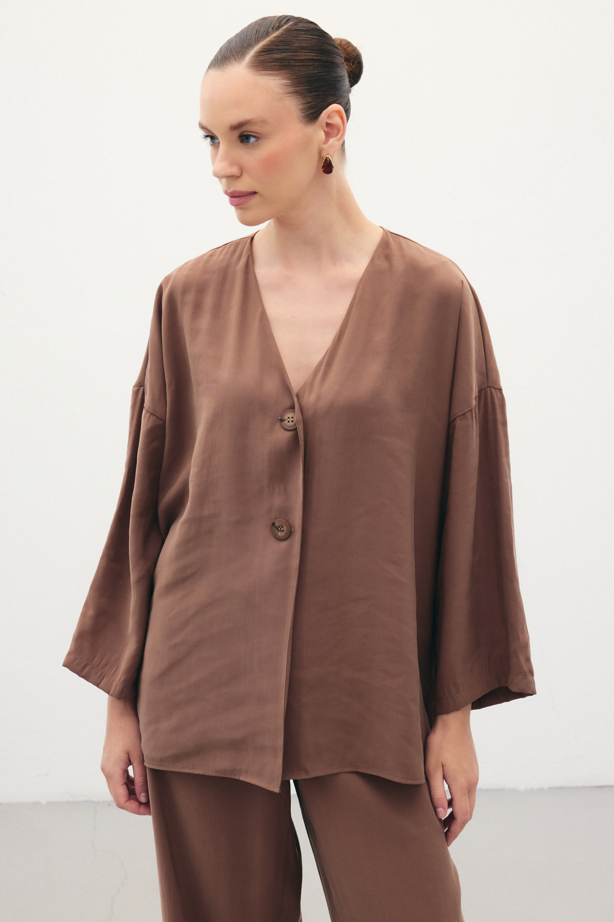 Düğmeli Kimono - Kahve