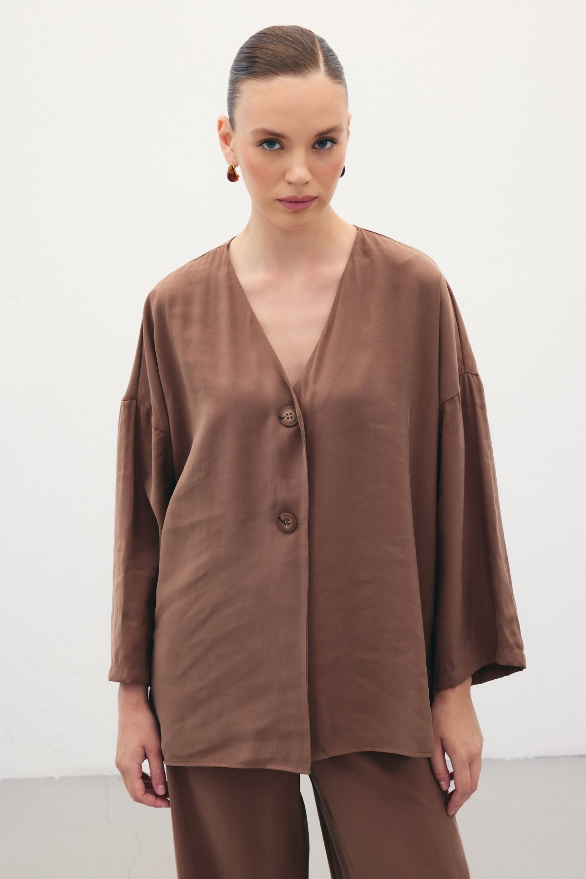 Düğmeli Kimono - Kahve