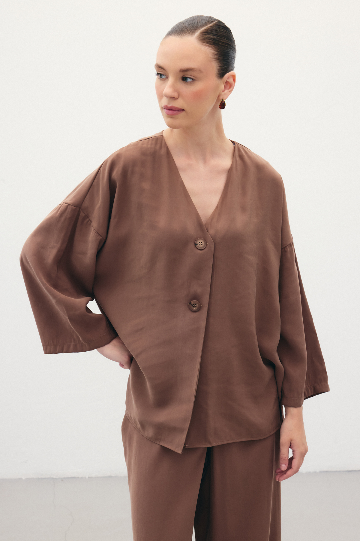 Düğmeli Kimono - Kahve