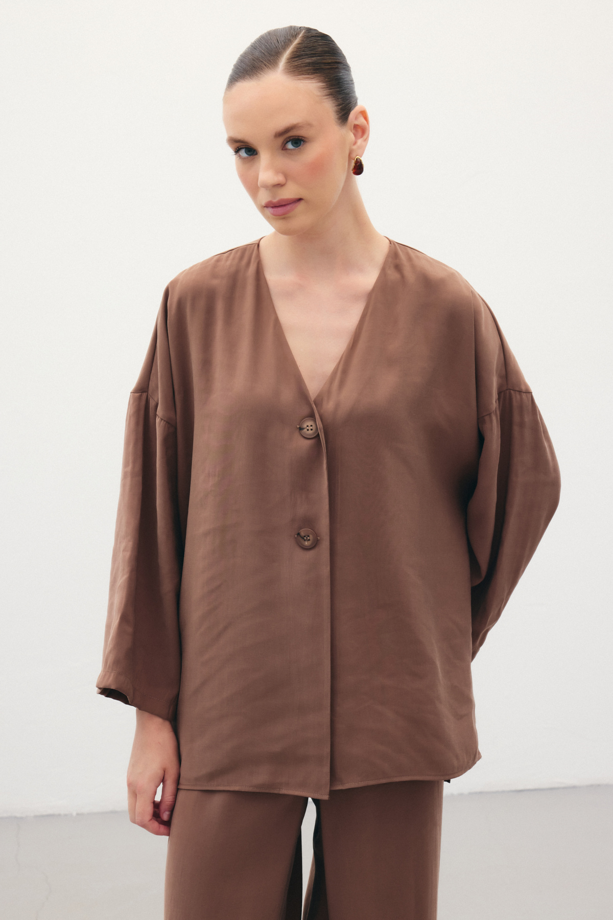 Düğmeli Kimono - Kahve