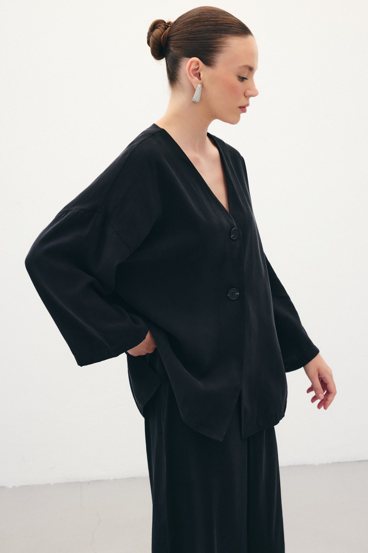 Düğmeli Kimono - Siyah