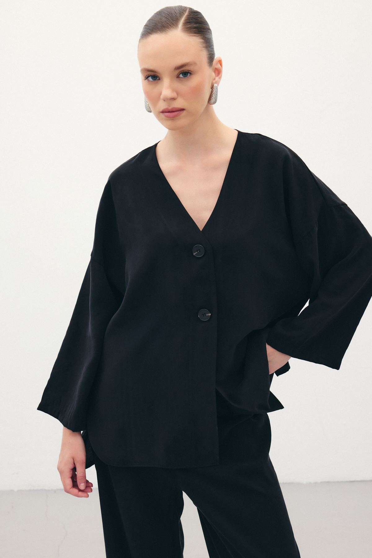 Düğmeli Kimono - Siyah