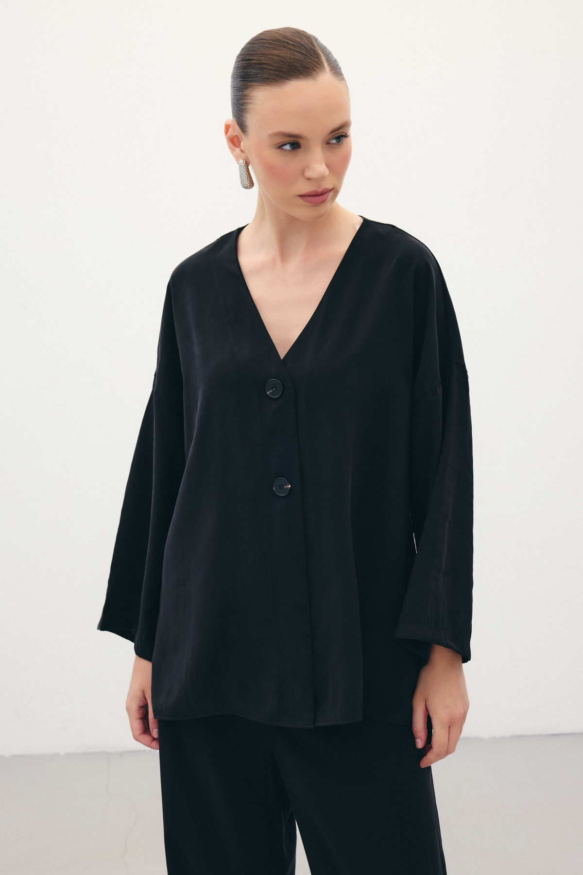 Düğmeli Kimono - Siyah