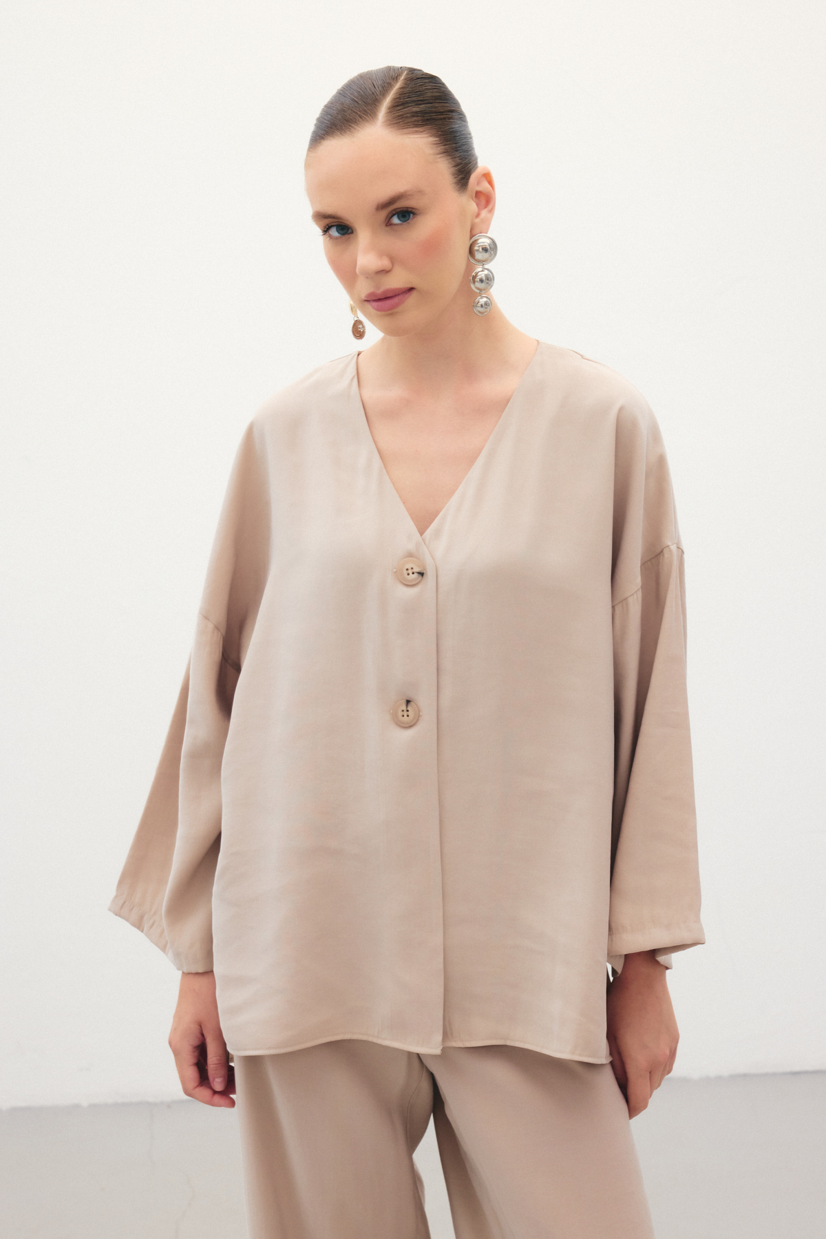 Düğmeli Kimono - Taş