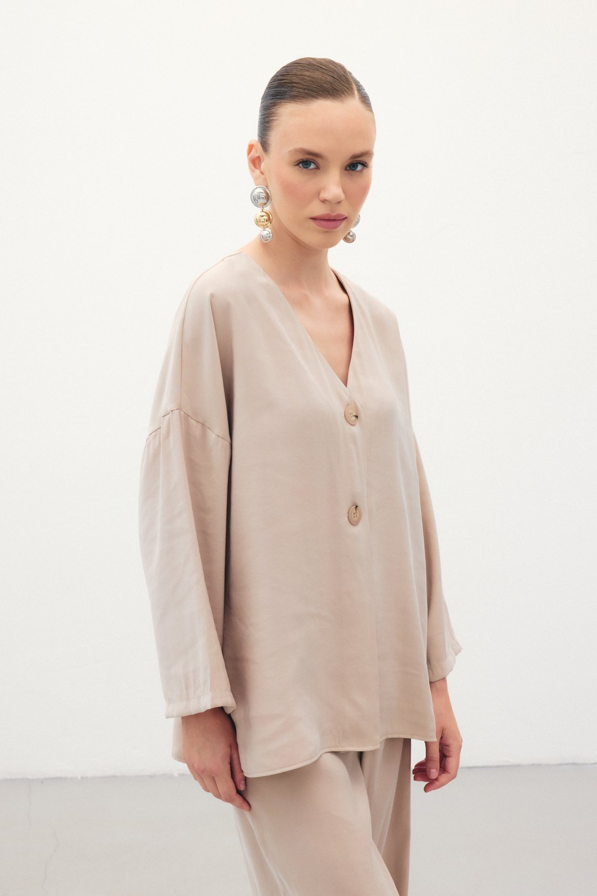 Düğmeli Kimono - Taş