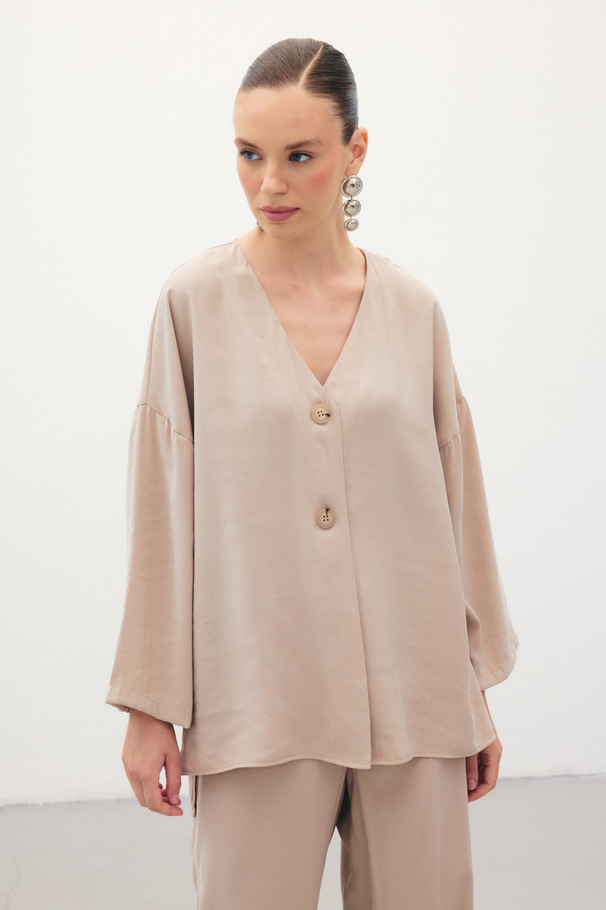 Düğmeli Kimono - Taş