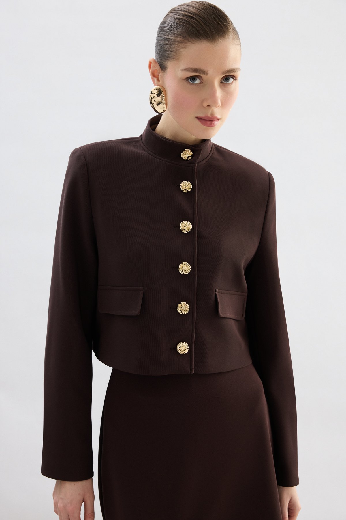 Düğmeli Kısa Ceket - Kahve