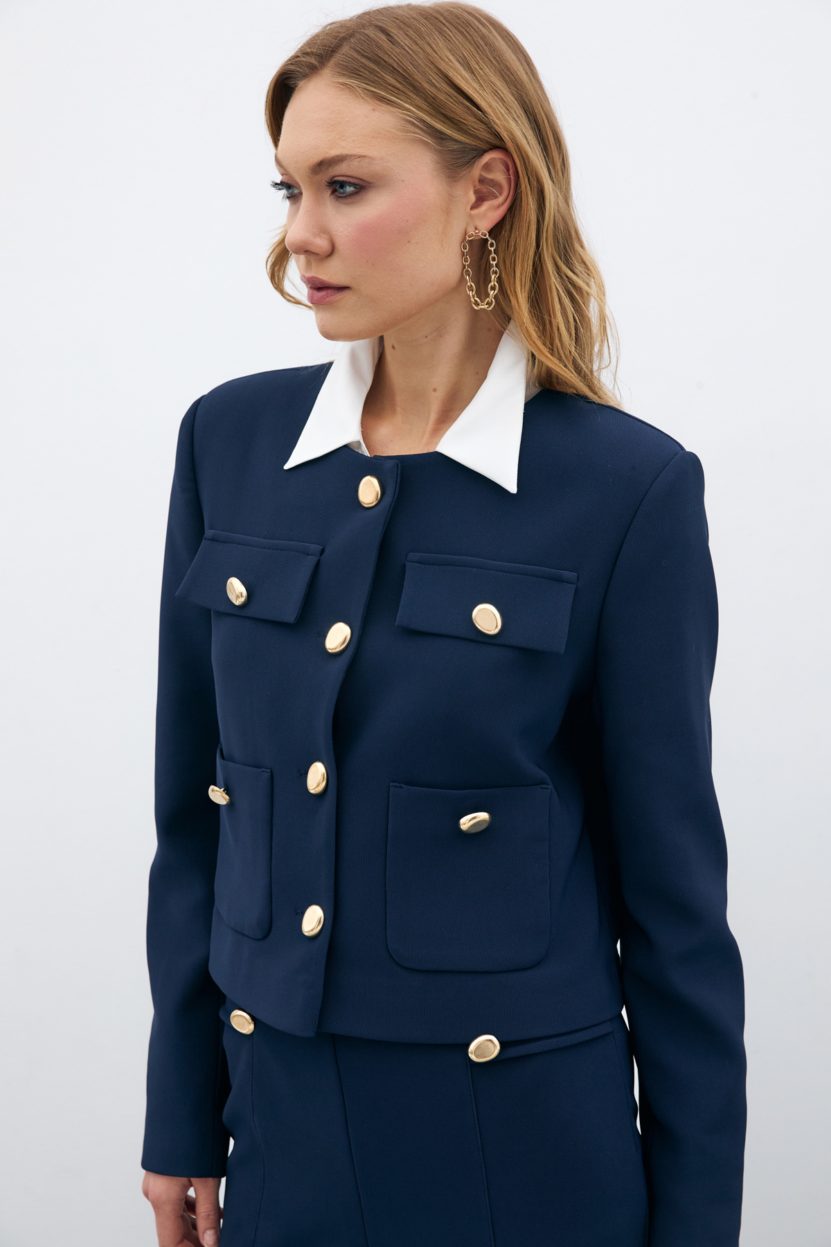 Düğmeli Kısa Ceket - Lacivert