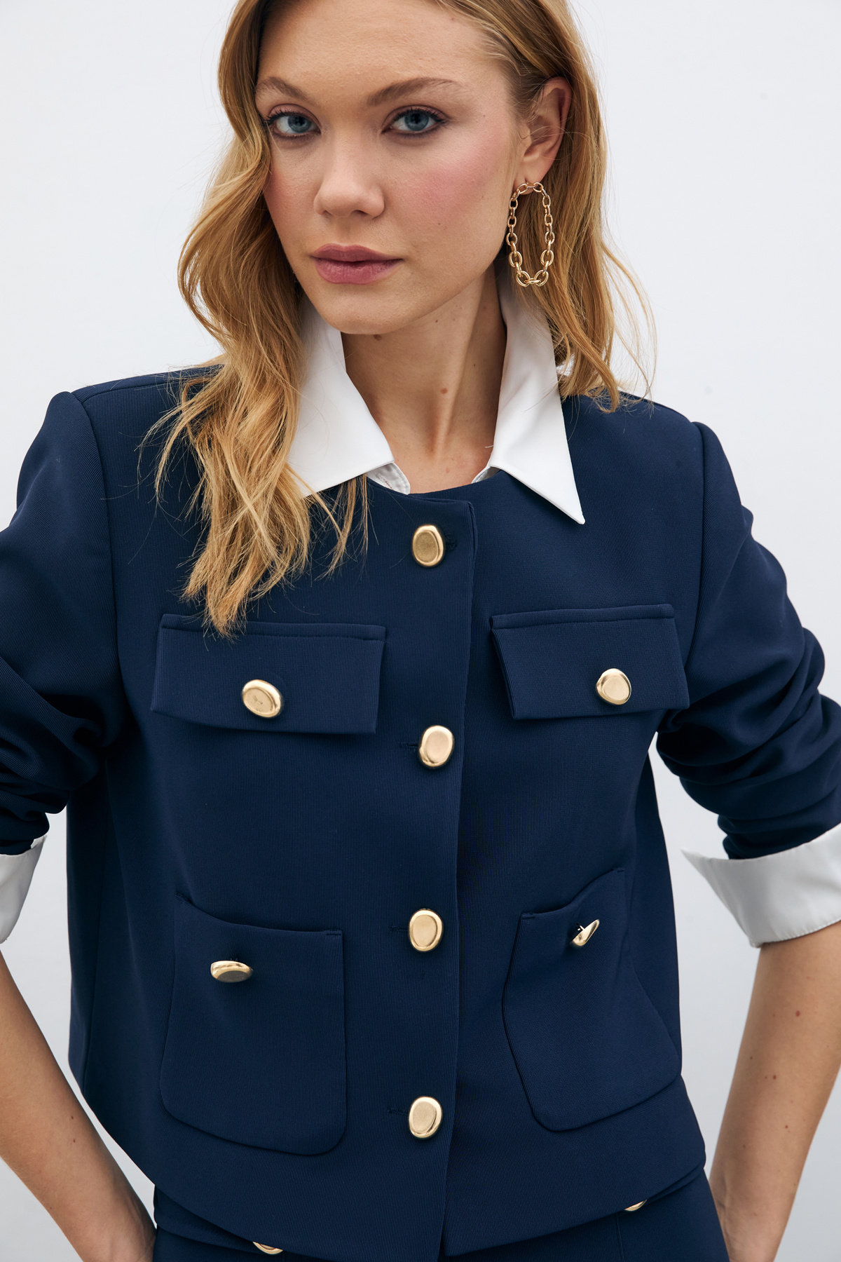 Düğmeli Kısa Ceket - Lacivert
