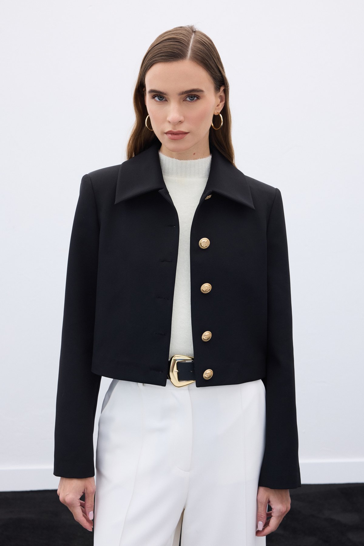 Düğmeli Kısa Ceket - Siyah