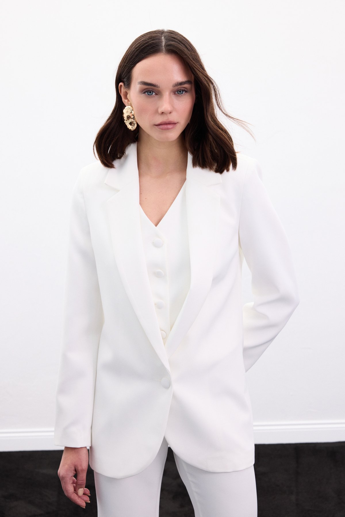 Düğmeli Klasik Ceket - Ekru