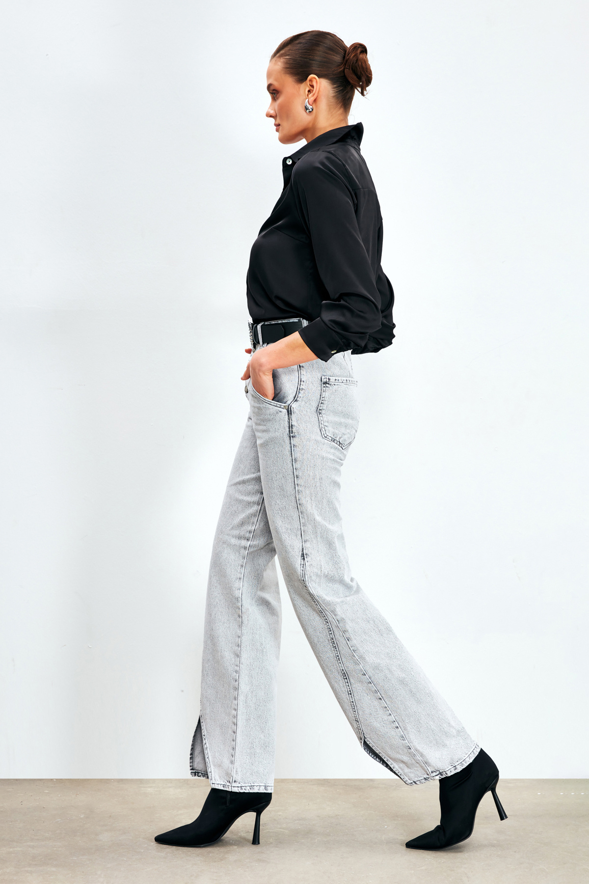 Buttoned loose wide leg jeans - ANTHRACITE