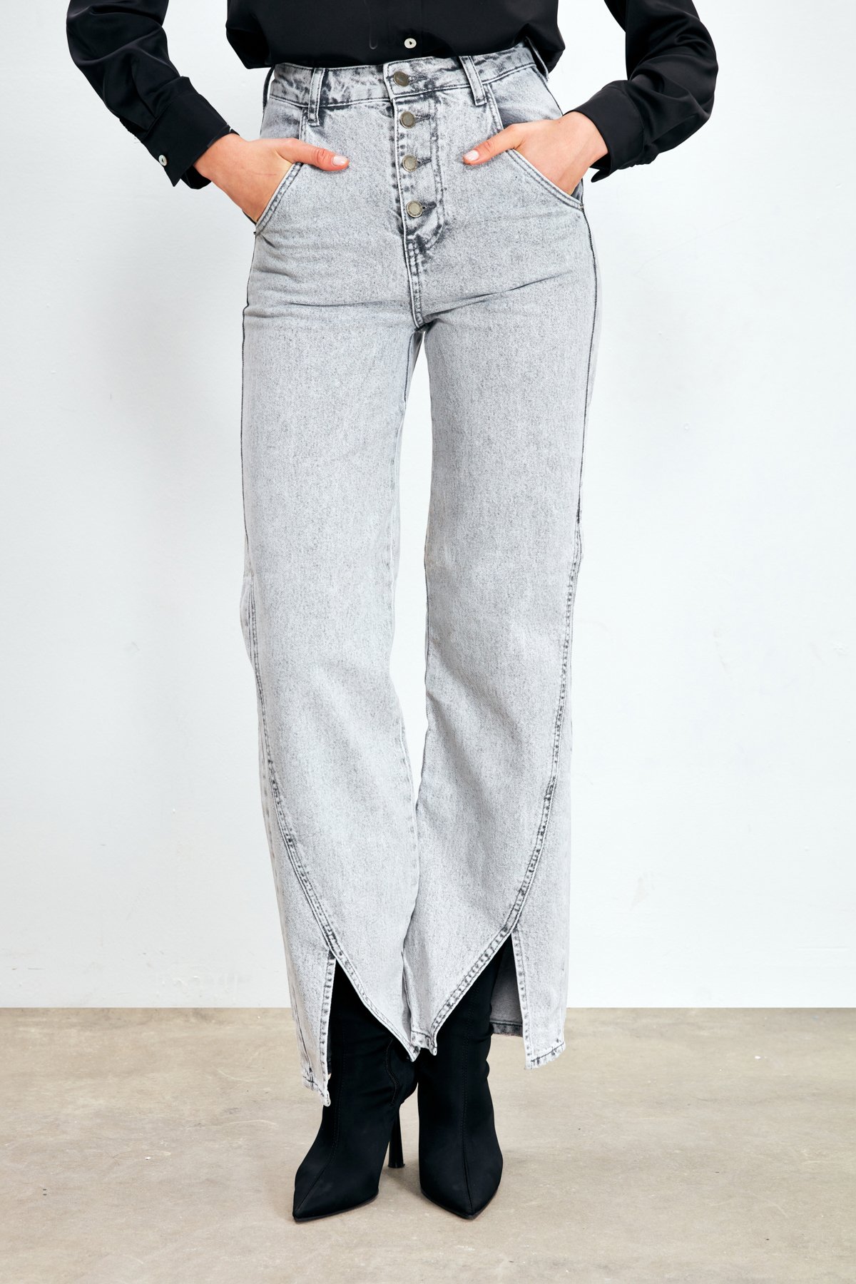 Buttoned loose wide leg jeans - ANTHRACITE