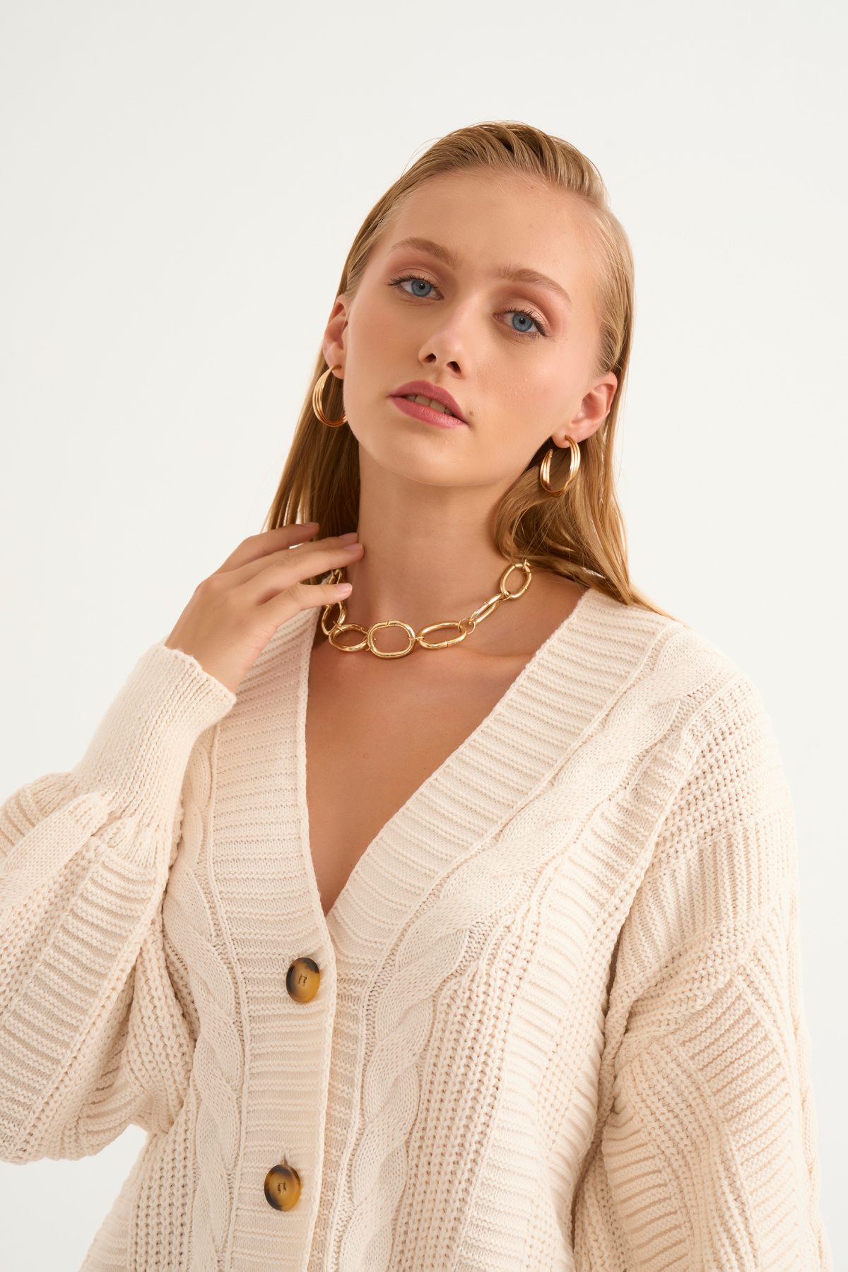 Düğmeli oversize triko hırka - KREM