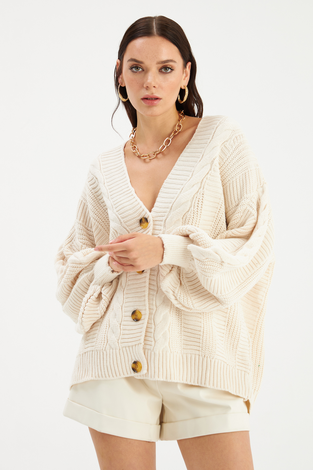 Düğmeli oversize triko hırka - TAŞ