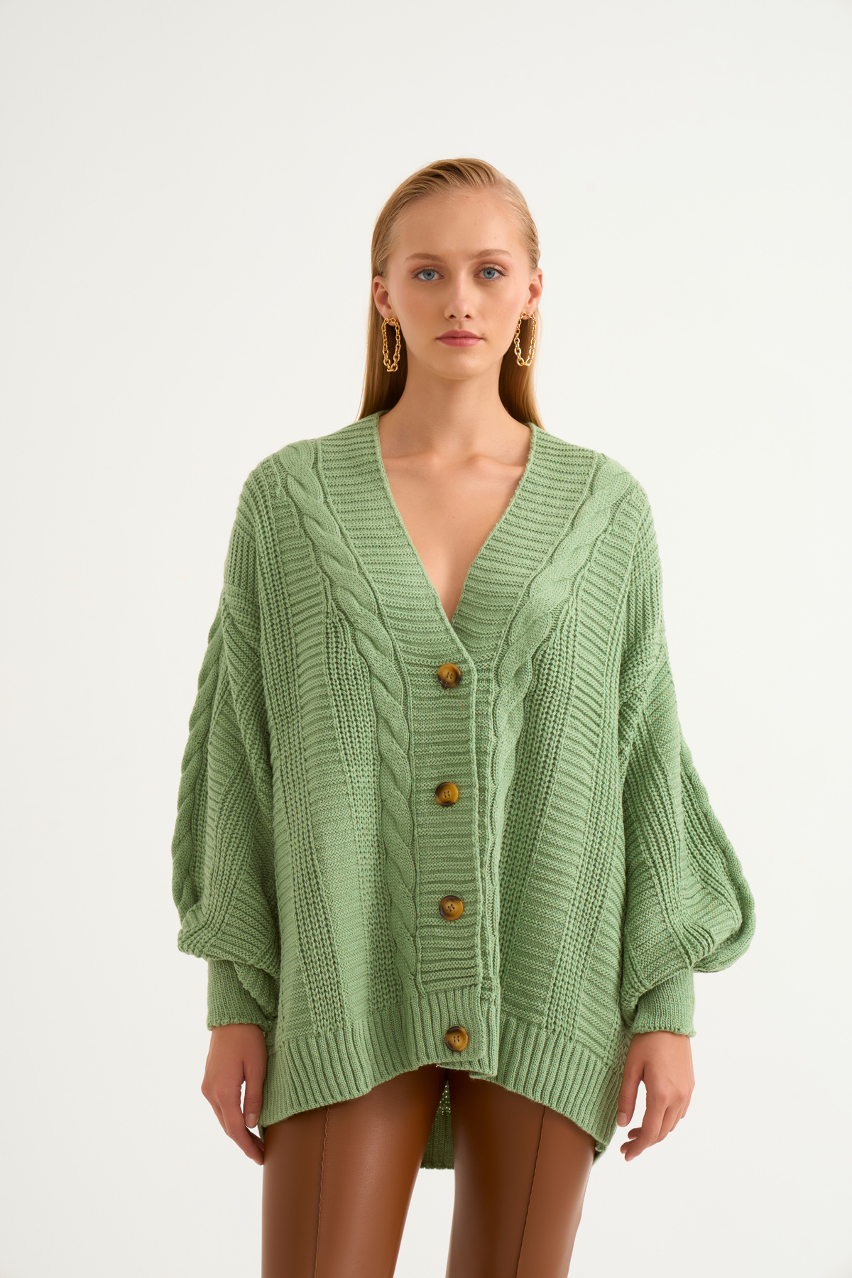 Düğmeli oversize triko hırka - YEŞİL