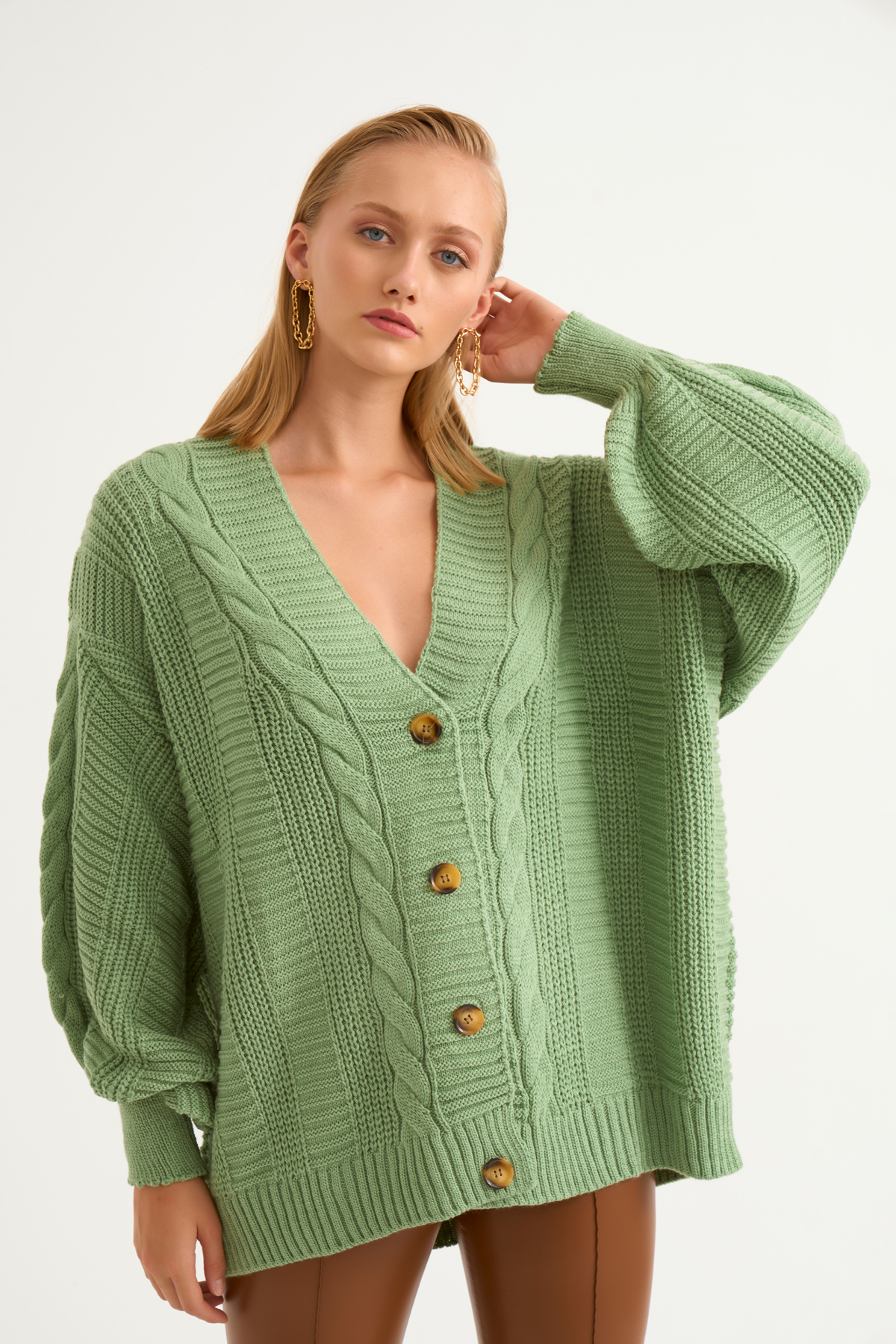 Düğmeli oversize triko hırka - YEŞİL