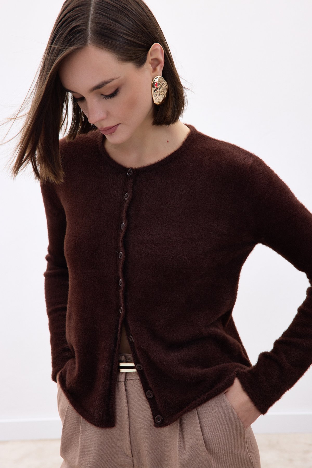 Düğmeli Sakallı Hırka - Kahve