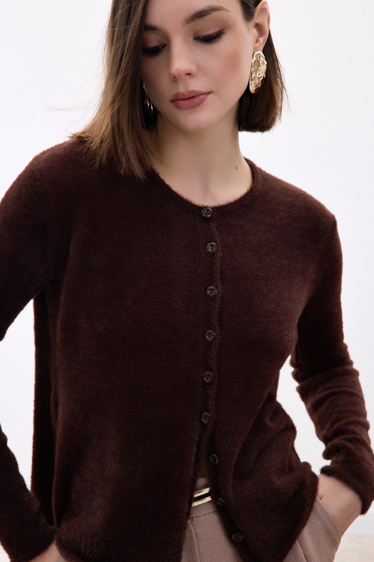 Düğmeli Sakallı Hırka - Kahve