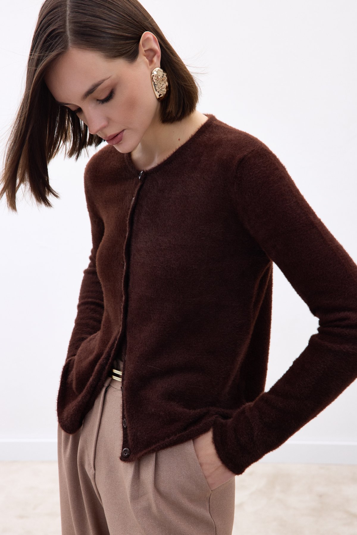 Düğmeli Sakallı Hırka - Kahve