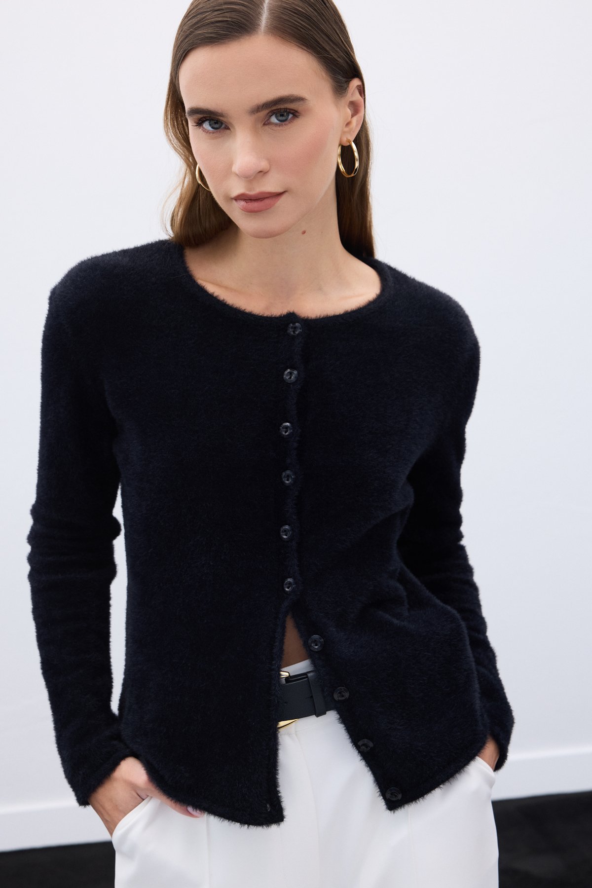 Düğmeli Sakallı Hırka - Siyah