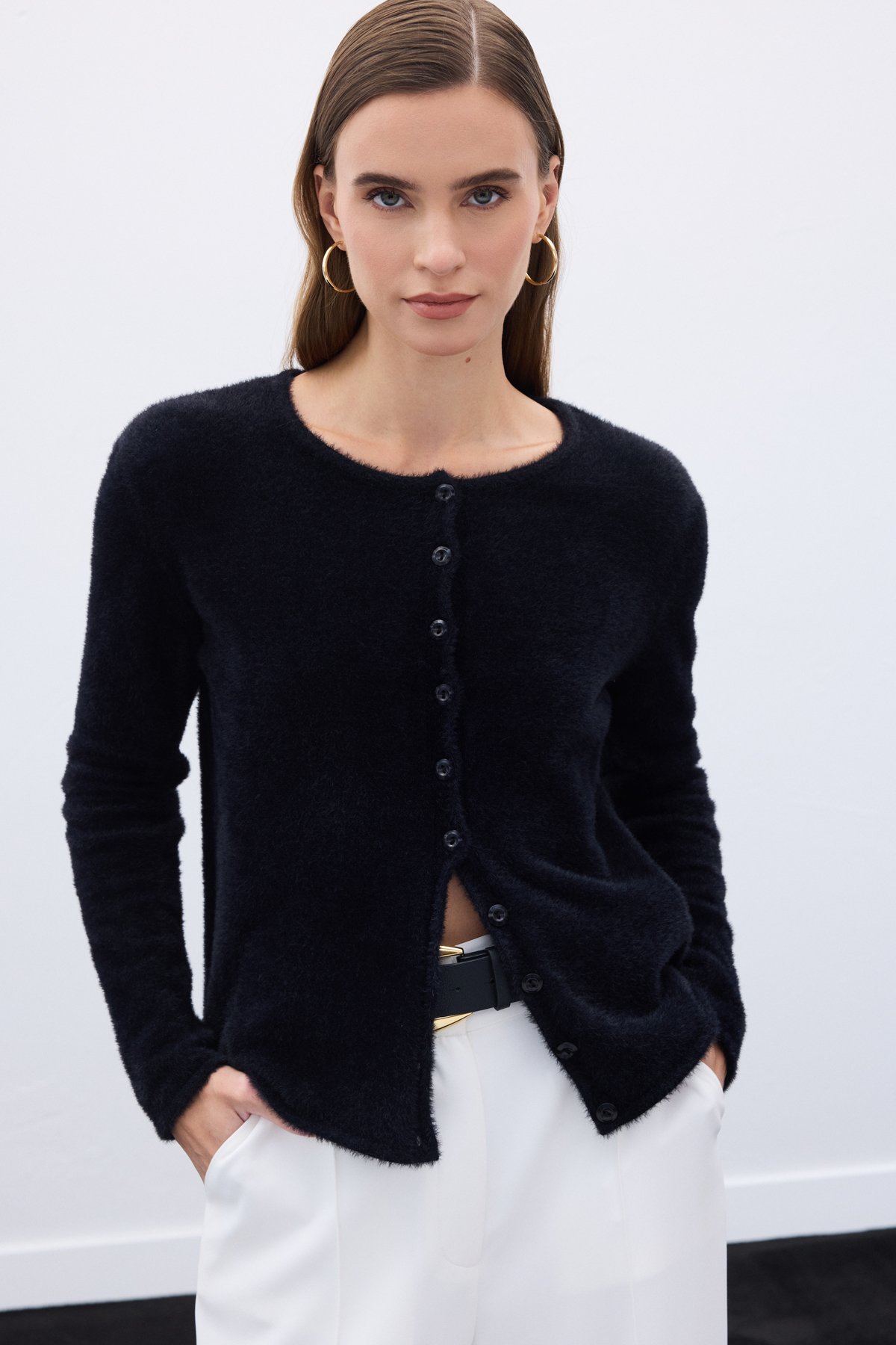 Düğmeli Sakallı Hırka - Siyah