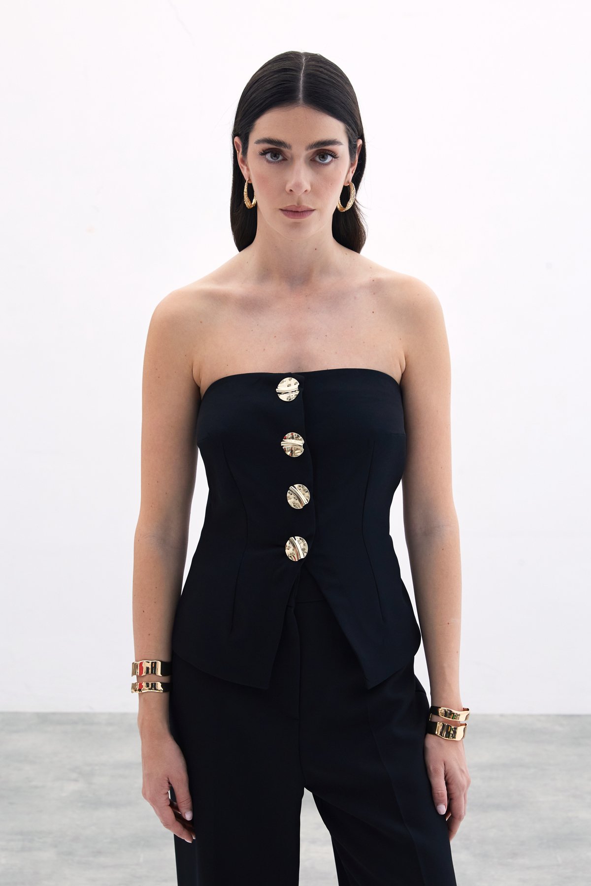 Düğmeli Straplez Bluz - Siyah