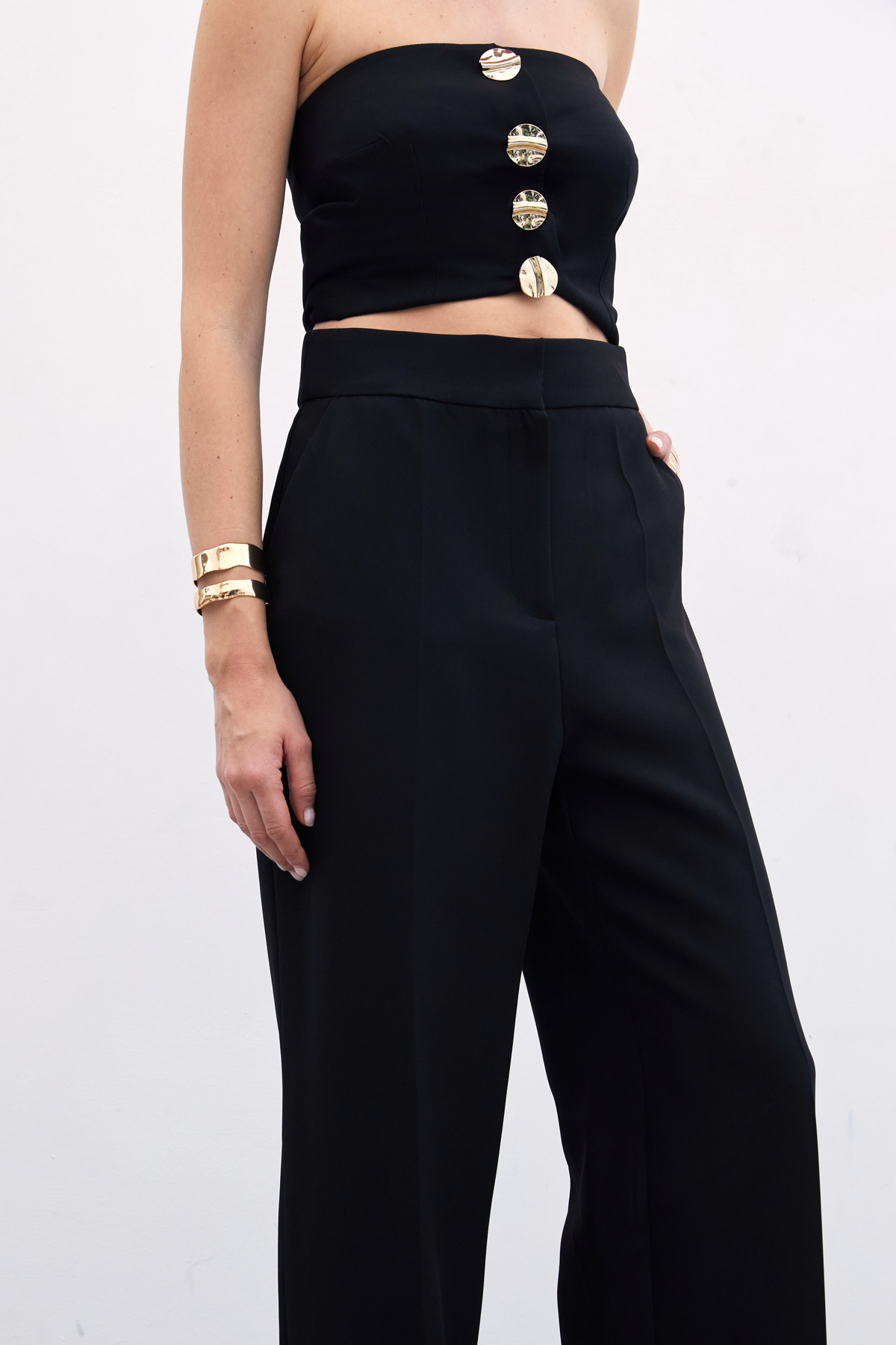 Düğmeli Straplez Bluz - Siyah