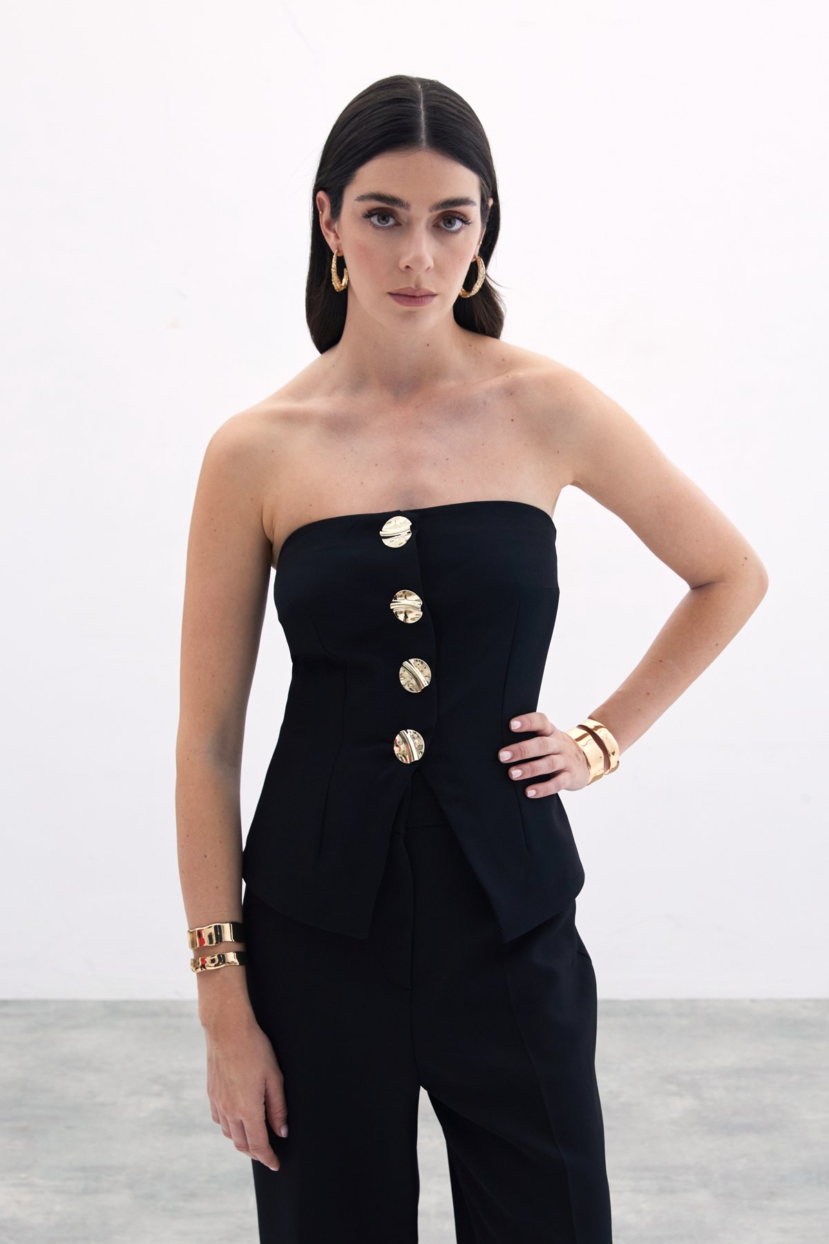 Düğmeli Straplez Bluz - Siyah