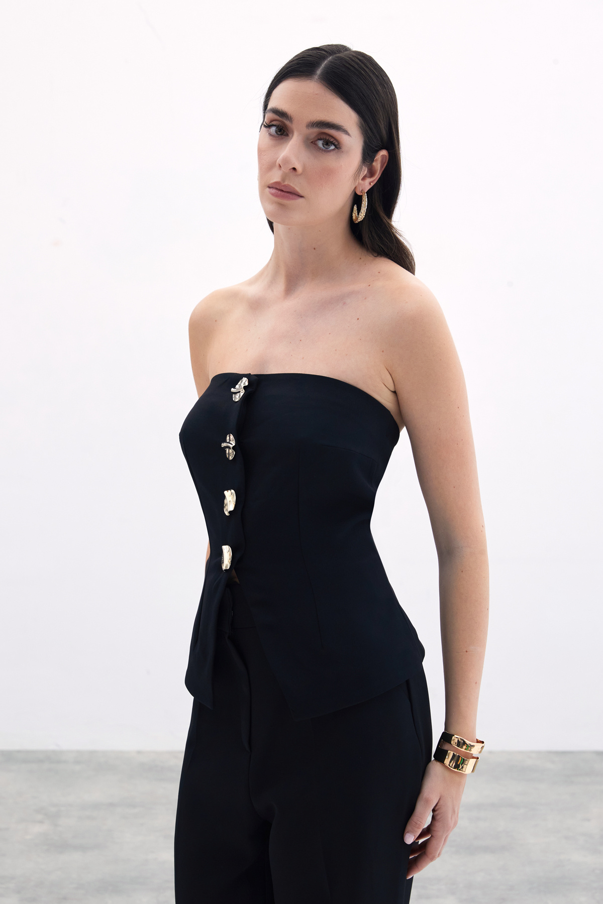 Düğmeli Straplez Bluz - Siyah