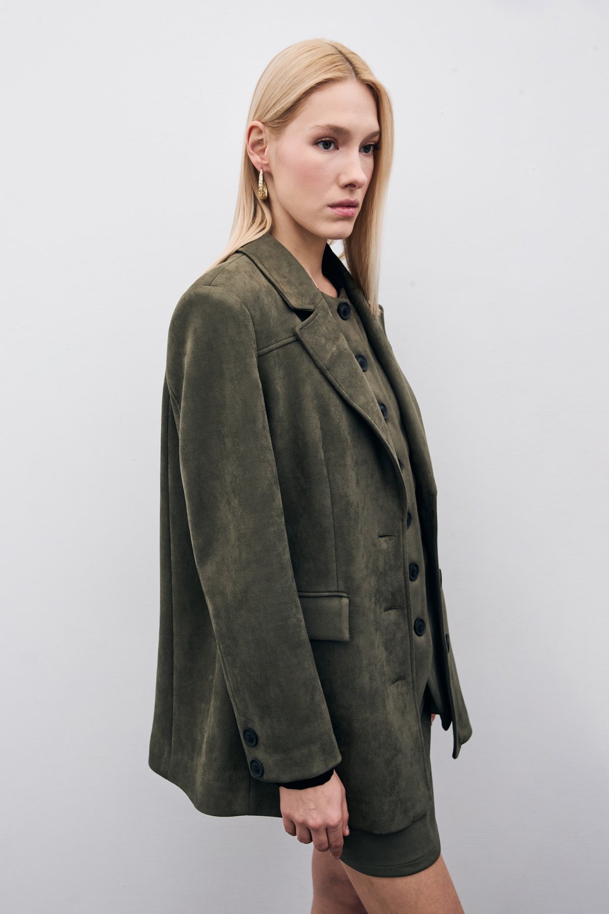 Düğmeli Süet Ceket - Haki