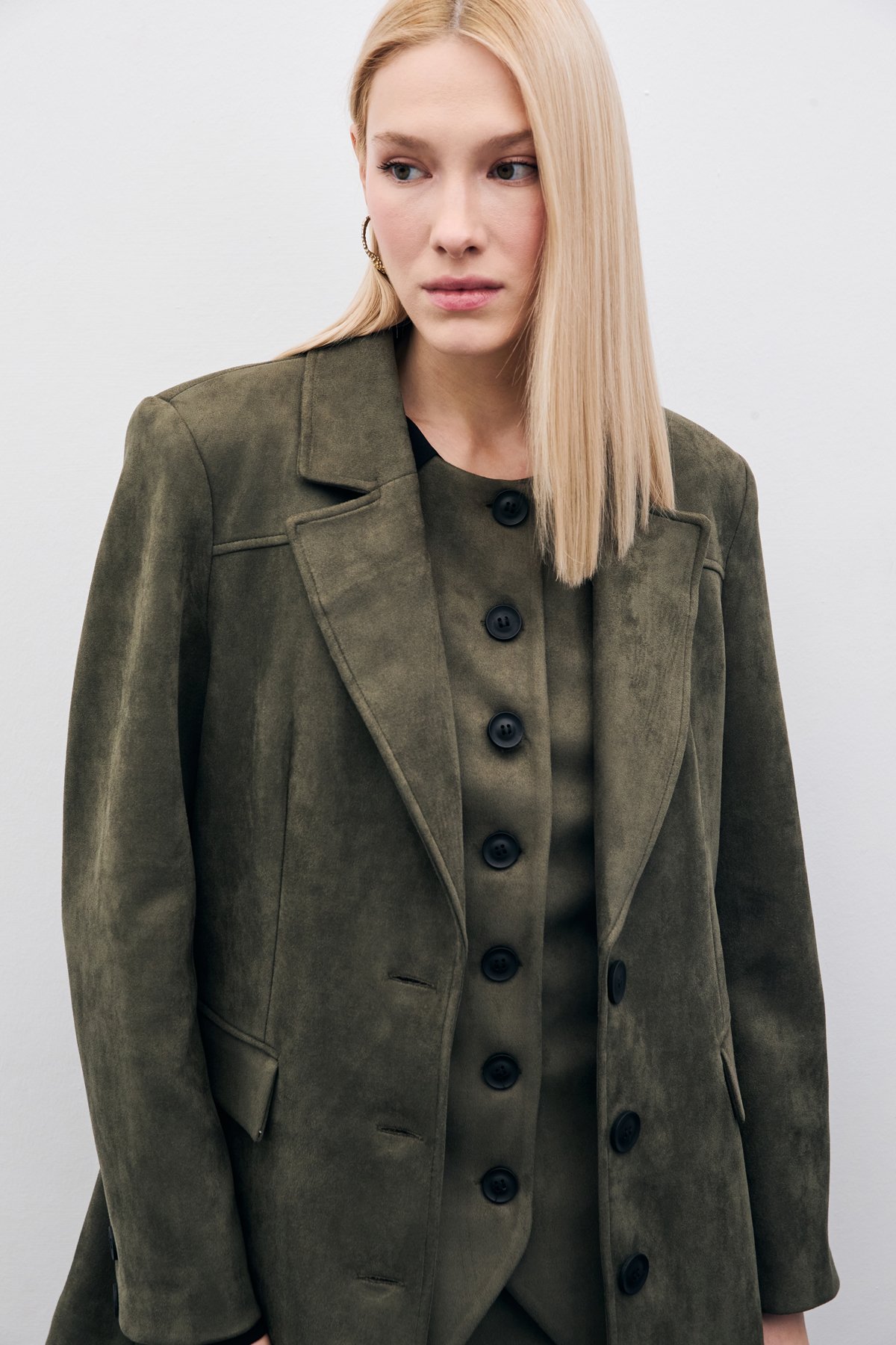 Düğmeli Süet Ceket - Haki