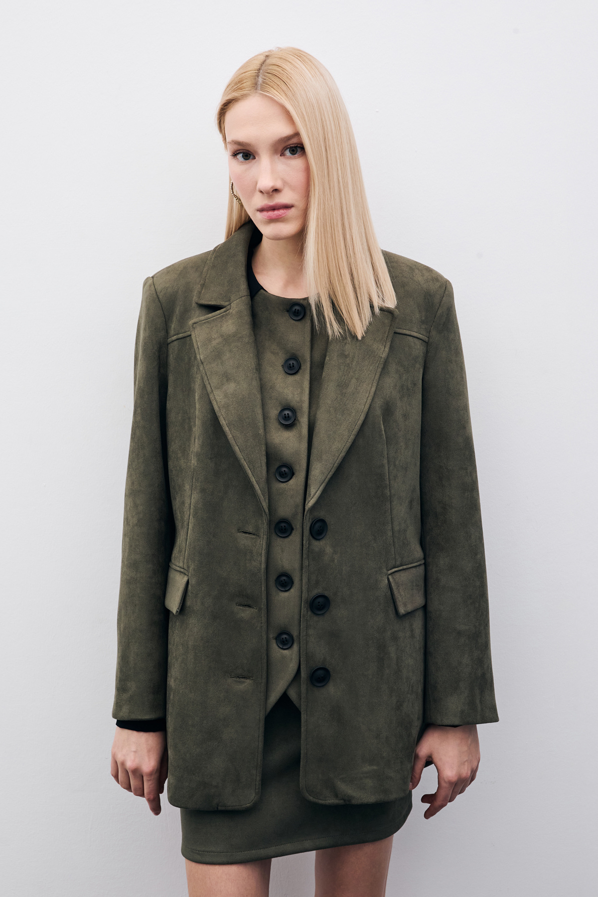 Düğmeli Süet Ceket - Haki