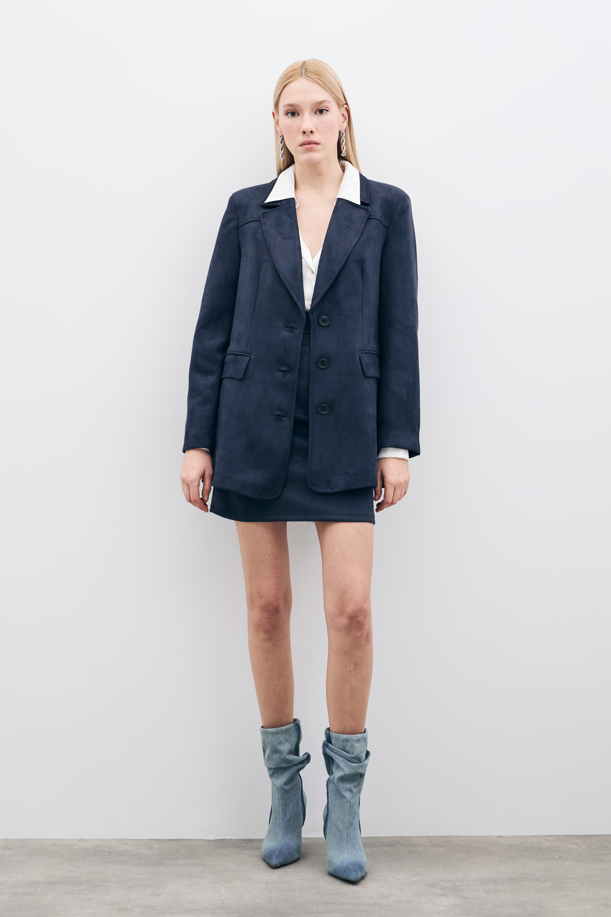 Düğmeli Süet Ceket - Lacivert