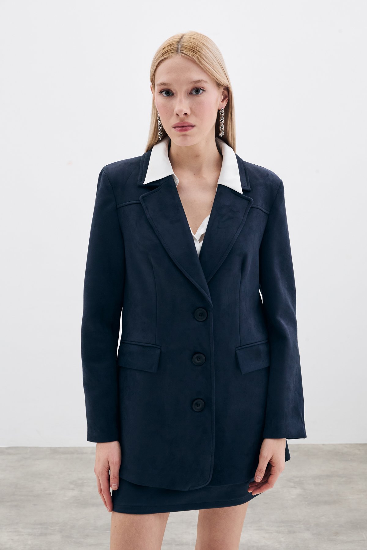 Düğmeli Süet Ceket - Lacivert