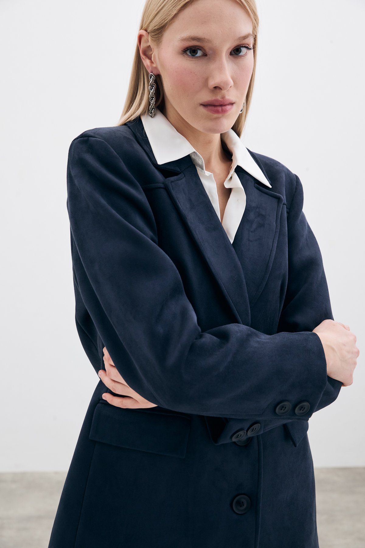 Düğmeli Süet Ceket - Lacivert