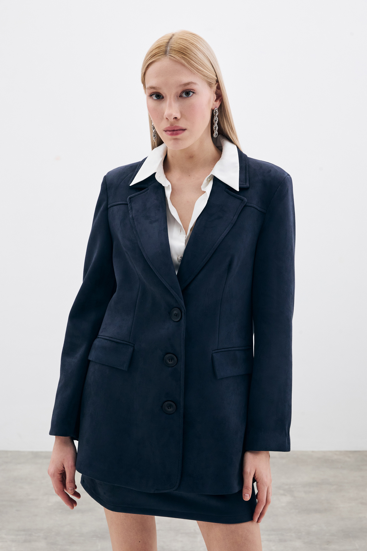 Düğmeli Süet Ceket - Lacivert