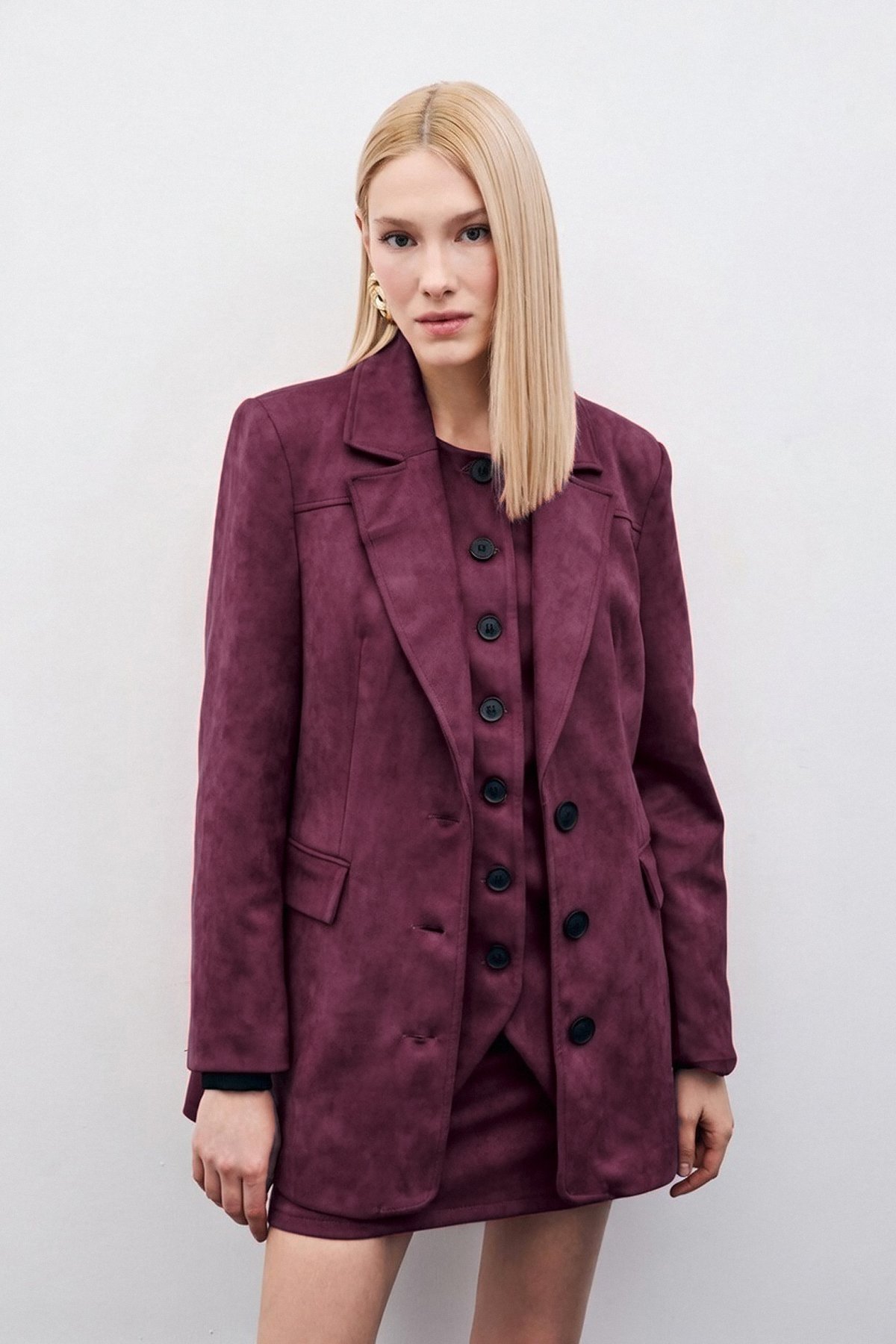 Düğmeli Süet Ceket - Mürdüm