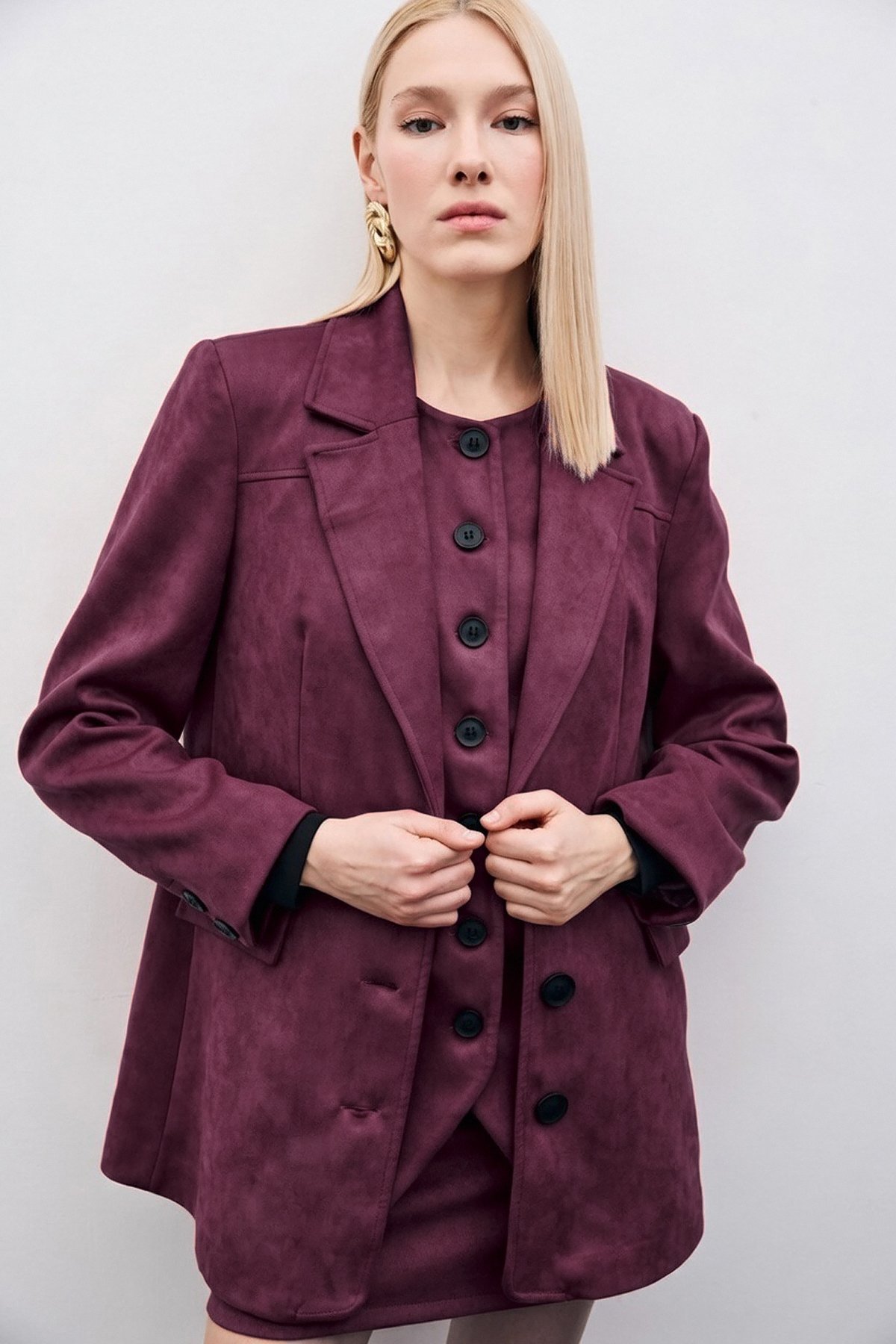 Düğmeli Süet Ceket - Mürdüm