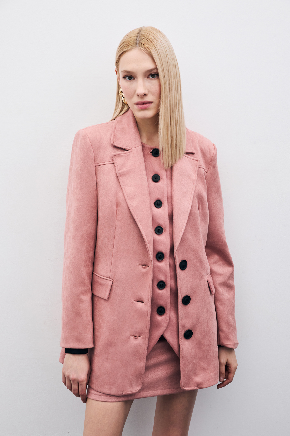 Düğmeli Süet Ceket - Pudra