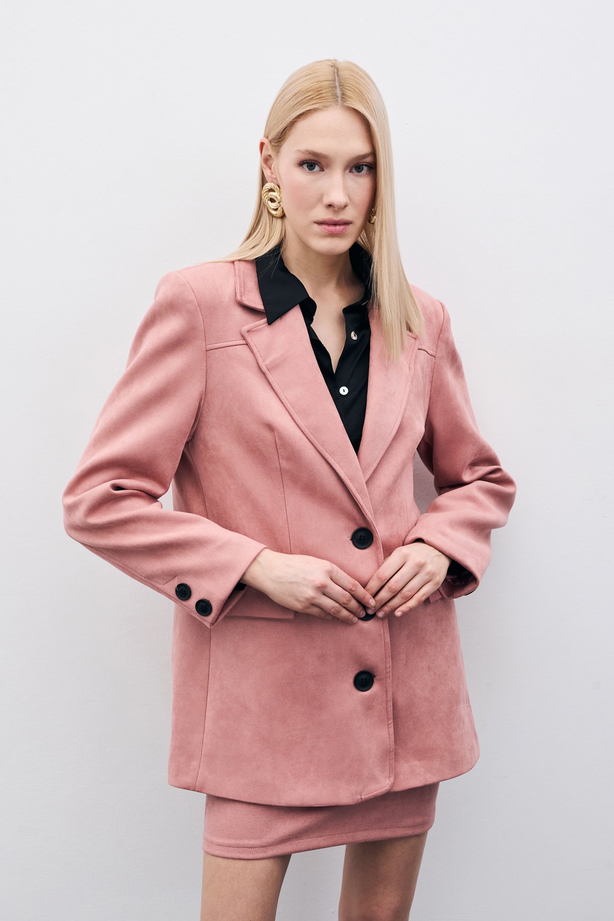 Düğmeli Süet Ceket - Pudra